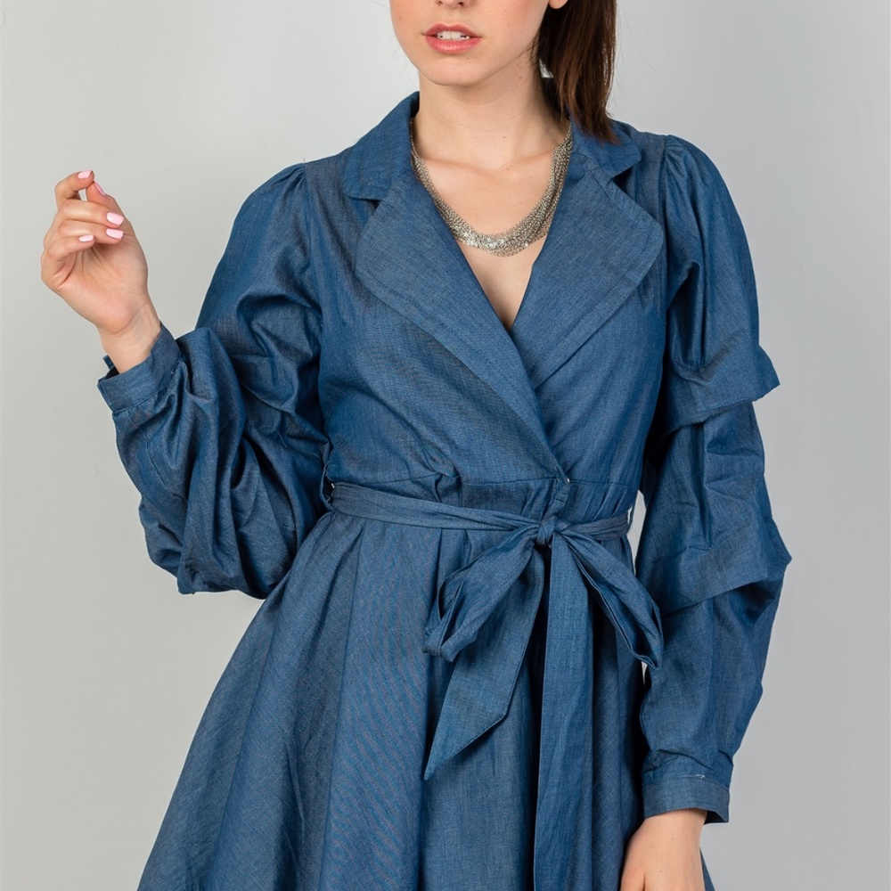 Denim Tiered Sleeve Self Tie Waist Dress - Picture 5 of 5
